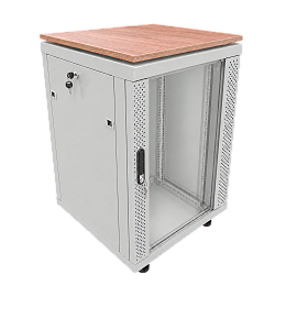 Шкаф напольный 19", 12U, 773x600x800мм, стеклянная дверь, столешница светлое дерево, вентпанель, термостат, ножки, ролики, серый