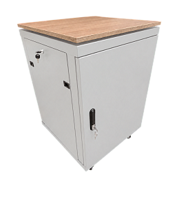 Шкаф напольный 19", 12U, 773x600x600мм, металлическая дверь, столешница светлое дерево, вентпанель, термостат, ножки, ролики, серый