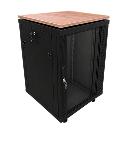 Шкаф напольный 19", 15U, 898x600x600мм, стеклянная дверь, столешница светлое дерево, вентпанель, термостат, ножки, ролики, черный